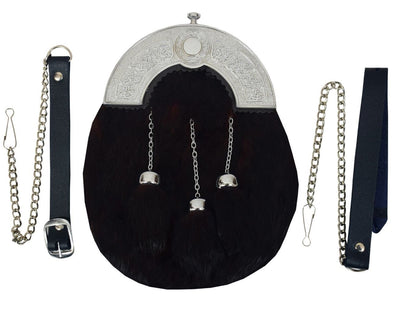 DELUXE SCOTTISH FULL DRESS SPORRAN BLACK RABBIT FUR & CHROME CELTIC CANTLE