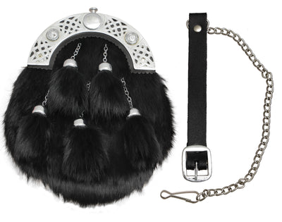 BLACK RABBIT FUR FULL DRESS SPORRAN WITH CHROME FINISH CANTLE 5 BLACK TASSELS