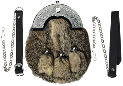 SCOTTISH FULL DRESS SPORRAN GREY RABBIT FUR & CHROME CANTLE