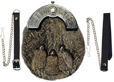 SCOTTISH FULL DRESS SPORRAN GREY RABBIT FUR WITH TASSELS & CHROME CANTLE