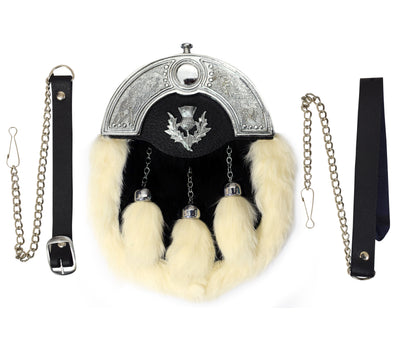 FULL DRESS KILT SPORRAN WHITE RABBIT FUR & CHROME CELTIC CANTLE WITH THISTLE