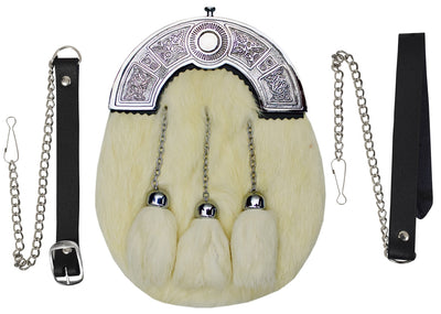 Full Dress Kilt Sporran White Rabbit Fur Celtic Cantle / Scottish Kilt Sporrans