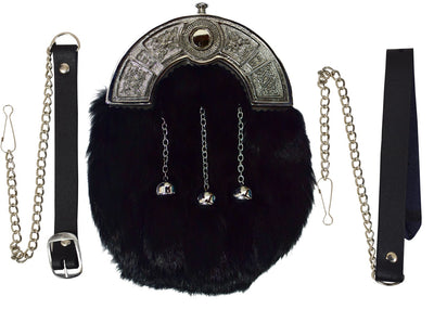 SCOTTISH FULL DRESS SPORRAN BLACK RABBIT FUR WITH TASSELS & CHROME CANTLE
