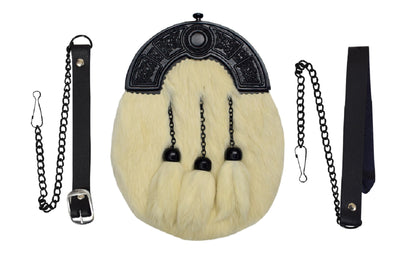 Full Dress Kilt Sporran White Rabbit Fur Black Celtic Cantle / Scottish Sporrans