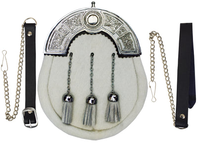 Full Dress Kilt Sporran White Calf Skin Celtic Cantle / Scottish Kilt Sporrans