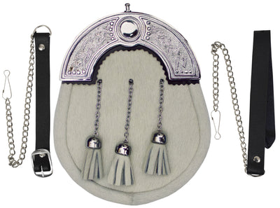 FULL DRESS KILT SPORRAN WHITE & CHROME CELTIC CANTLE