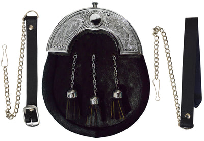 SCOTTISH FULL DRESS SPORRAN BLACK CALF SKIN WITH TASSELS & CHROME CANTLE