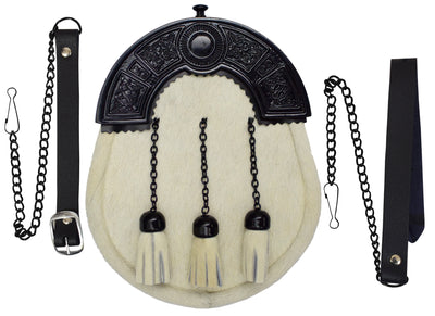 Full Dress Kilt Sporran White Calf Skin Black Celtic Cantle / Scottish Sporrans