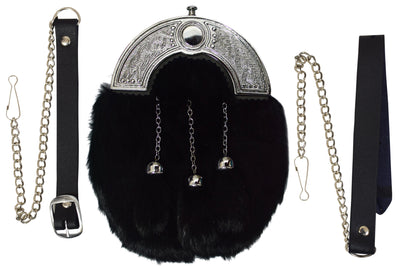 FULL DRESS KILT SPORRAN BLACK RABBIT FUR & CHROME CELTIC CANTLE