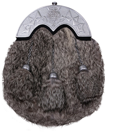 GREY RABBIT FUR FULL DRESS SPORRAN WITH CHROME FINISH CANTLE WITH - 3 TASSELS