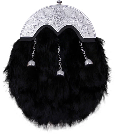 BLACK RABBIT FUR FULL DRESS SPORRAN WITH CHROME FINISH CANTLE WITH - 3 TASSELS