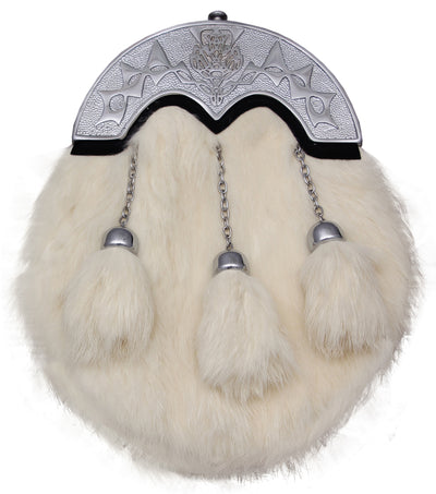 WHITE RABBIT FUR FULL DRESS SPORRAN WITH CHROME FINISH CANTLE WITH - 3 TASSELS