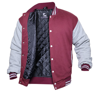 Burgundy / Heather Grey Men's Varsity Jacket Causal Slim Fit Cotton Letterman Baseball Bomber Jackets
