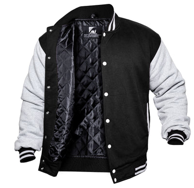 Black / Heather Grey Men's Varsity Jacket Causal Slim Fit Cotton Letterman Baseball Bomber Jackets