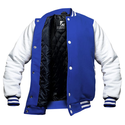 Royal Blue/White Kids Baseball Jackets Boys Girls Fit Varsity Jacket Casual Team Uniform Plain Button School Coat
