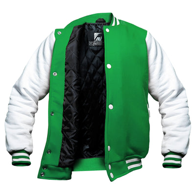 Green/White Kids Baseball Jackets Boys Girls Fit Varsity Jacket Casual Team Uniform Plain Button School Coat