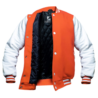 Orange/White Kids Baseball Jackets Boys Girls Fit Varsity Jacket Casual Team Uniform Plain Button School Coat