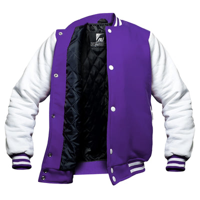 Purple/White Kids Baseball Jackets Boys Girls Fit Varsity Jacket Casual Team Uniform Plain Button School Coat