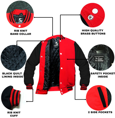 Red/Black Kids Baseball Jackets Boys Girls Fit Varsity Jacket Casual Team Uniform Plain Button School Coat
