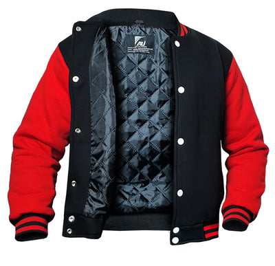 Black/Red Kids Baseball Jackets Boys Girls Fit Varsity Jacket Casual Team Uniform Plain Button School Coat