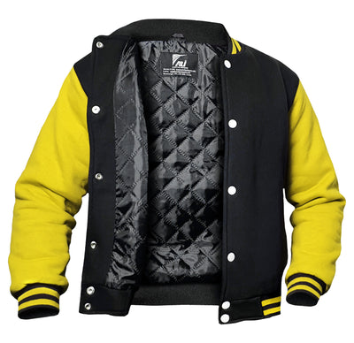 Black/Yellow Kids Baseball Jackets Boys Girls Fit Varsity Jacket Casual Team Uniform Plain Button School Coat