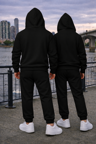 Black Unisex Hooded Plain Tracksuit Fleece Ribbed Cuff Sweatshirts Cotton Blend Jogger