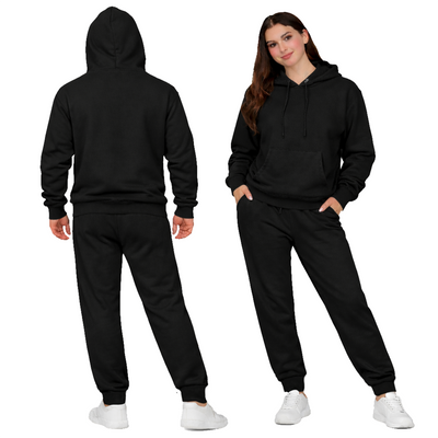 Black Unisex Hooded Plain Tracksuit Fleece Ribbed Cuff Sweatshirts Cotton Blend Jogger