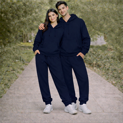 Navy Blue Unisex Hooded Plain Tracksuit Fleece Ribbed Cuff Sweatshirts Cotton Blend Jogger