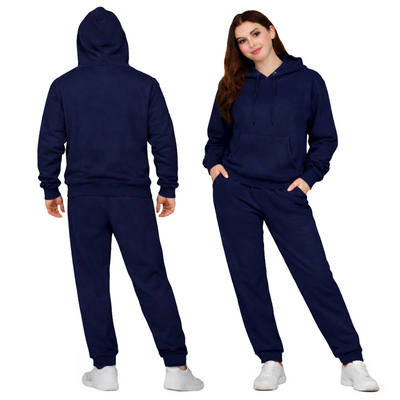 Navy Blue Unisex Hooded Plain Tracksuit Fleece Ribbed Cuff Sweatshirts Cotton Blend Jogger