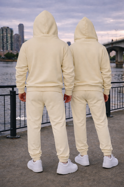 Cream Unisex Hooded Plain Tracksuit Fleece Ribbed Cuff Sweatshirts Cotton Blend Jogger
