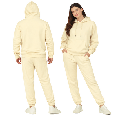 Cream Unisex Hooded Plain Tracksuit Fleece Ribbed Cuff Sweatshirts Cotton Blend Jogger