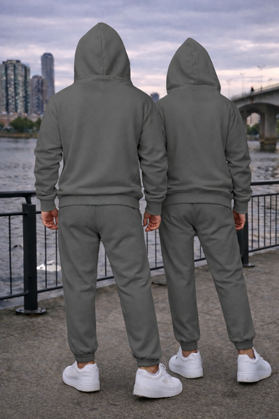 Dark Grey Unisex Hooded Plain Tracksuit Fleece Ribbed Cuff Sweatshirts Cotton Blend Jogger