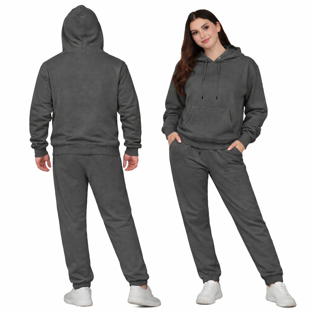 Dark Grey Unisex Hooded Plain Tracksuit Fleece Ribbed Cuff Sweatshirts Cotton Blend Jogger