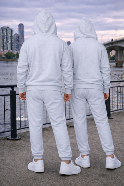 Heather Grey Unisex Hooded Plain Tracksuit Fleece Ribbed Cuff Sweatshirts Cotton Blend Jogger