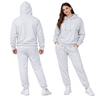 Heather Grey Unisex Hooded Plain Tracksuit Fleece Ribbed Cuff Sweatshirts Cotton Blend Jogger
