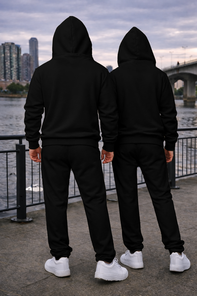 Black Unisex Hooded Plain Tracksuit Fleece Ribbed Cuff Sweatshirts Boot-Cut Joggers