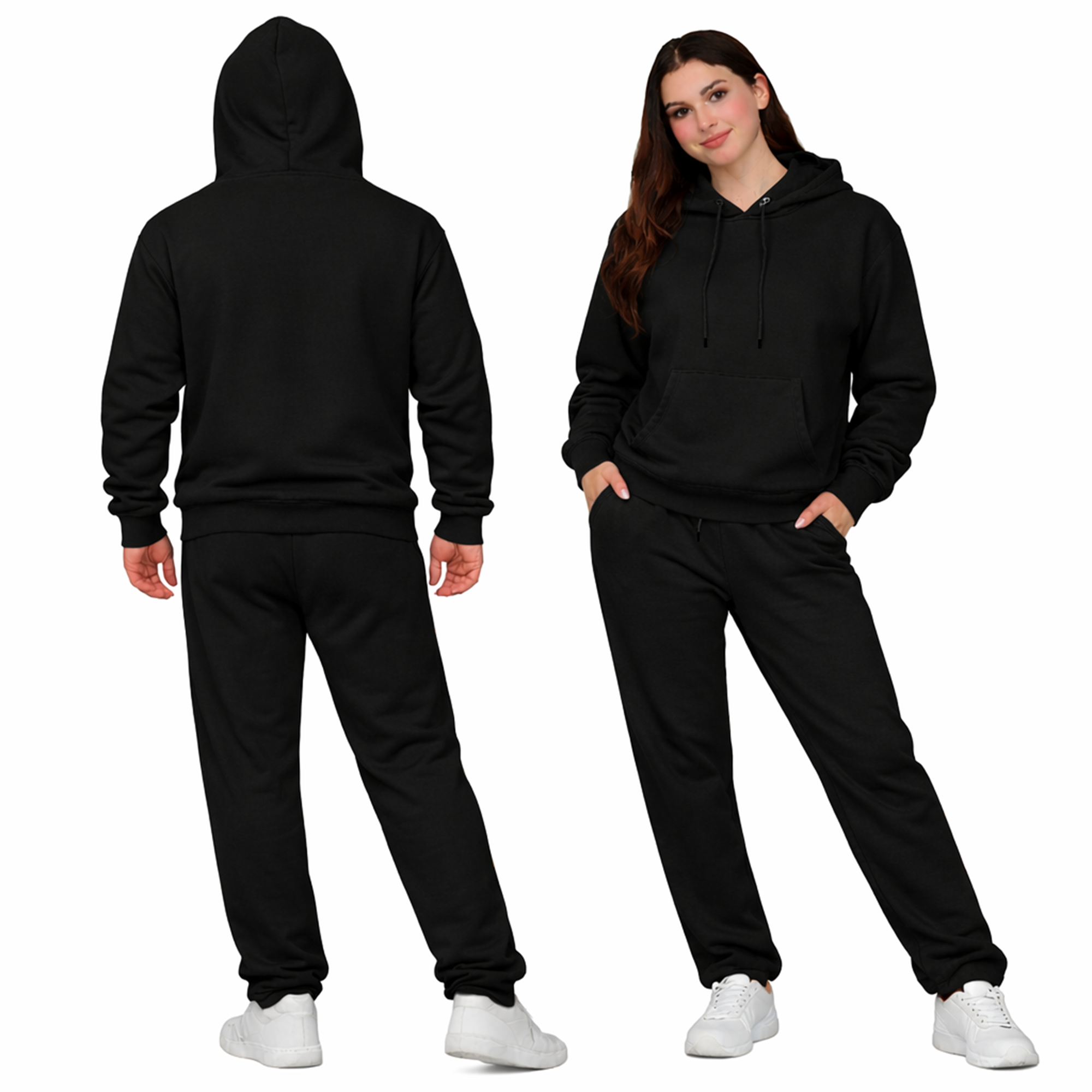 Black Unisex Hooded Plain Tracksuit Fleece Ribbed Cuff Sweatshirts Boot-Cut Joggers