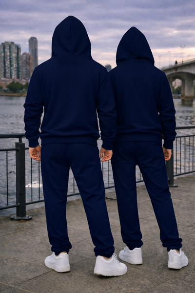 Navy Blue Unisex Hooded Plain Tracksuit Fleece Ribbed Cuff Sweatshirts Boot-Cut Joggers