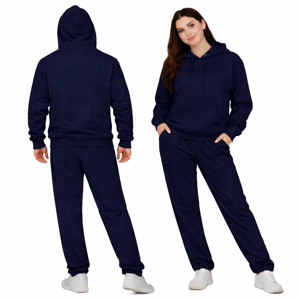 Navy Blue Unisex Hooded Plain Tracksuit Fleece Ribbed Cuff Sweatshirts Boot-Cut Joggers