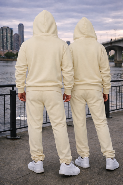 Cream Unisex Hooded Plain Tracksuit Fleece Ribbed Cuff Sweatshirts Boot-Cut Joggers