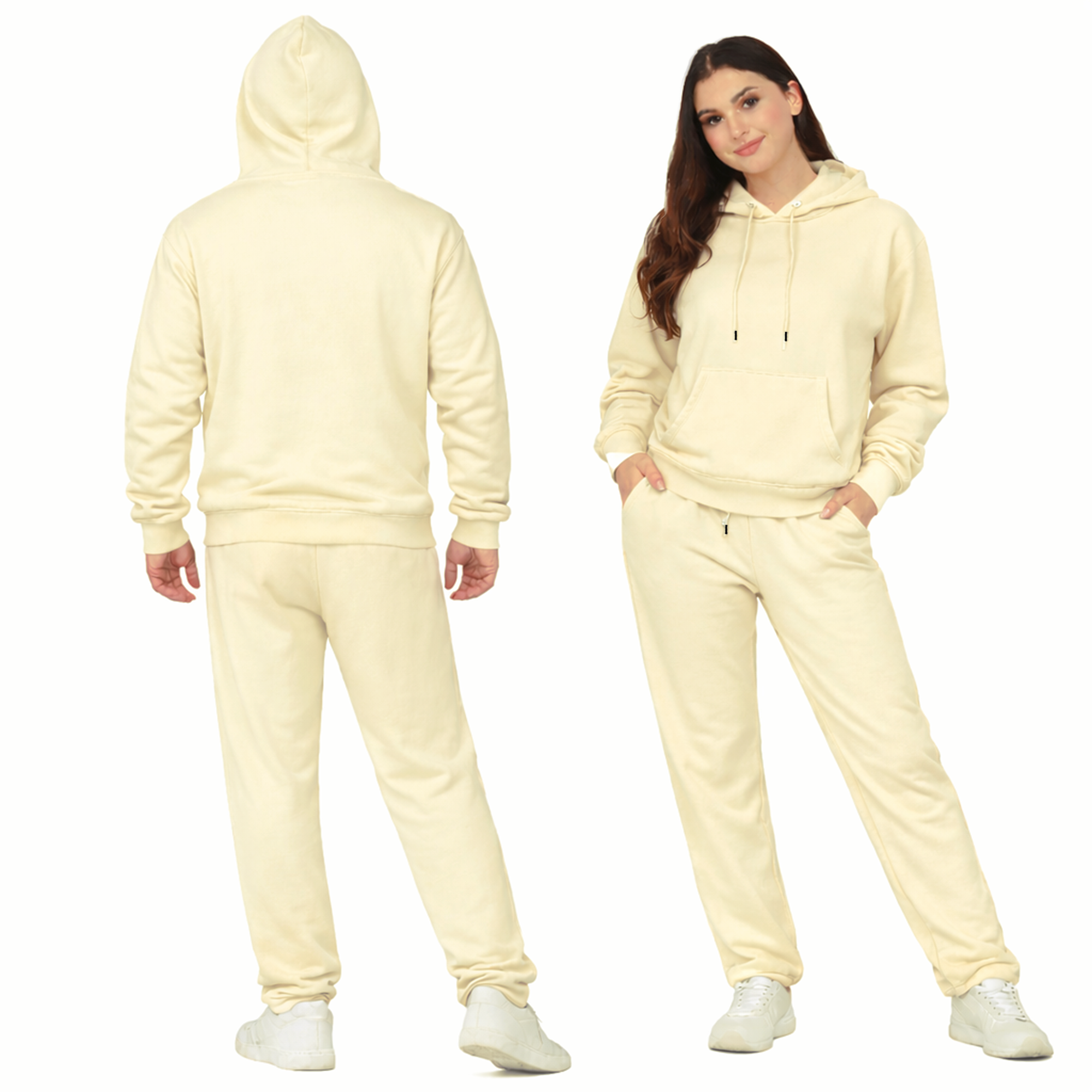 Cream Unisex Hooded Plain Tracksuit Fleece Ribbed Cuff Sweatshirts Boot-Cut Joggers