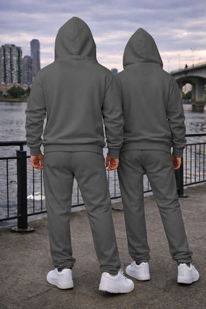 Dark Grey Unisex Hooded Plain Tracksuit Fleece Ribbed Cuff Sweatshirts Boot-Cut Joggers