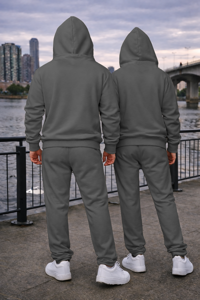 Dark Grey Unisex Hooded Plain Tracksuit Fleece Ribbed Cuff Sweatshirts Boot-Cut Joggers