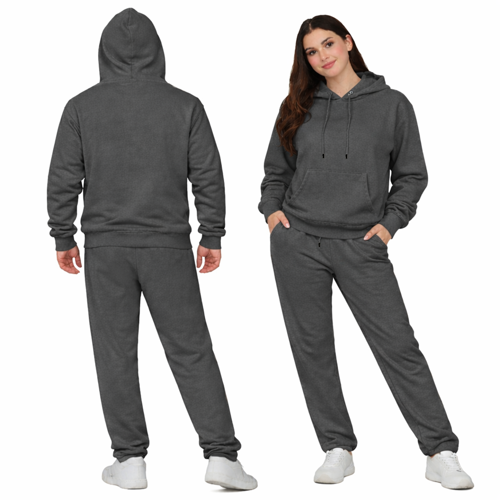Dark Grey Unisex Hooded Plain Tracksuit Fleece Ribbed Cuff Sweatshirts Boot-Cut Joggers