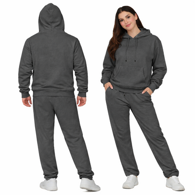 Dark Grey Unisex Hooded Plain Tracksuit Fleece Ribbed Cuff Sweatshirts Boot-Cut Joggers