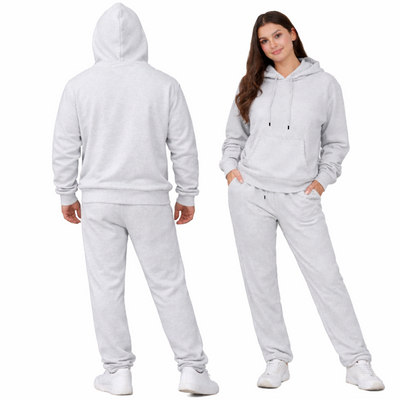 Heather Grey Unisex Hooded Plain Tracksuit Fleece Ribbed Cuff Sweatshirts Boot-Cut Joggers
