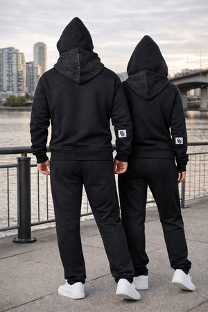Black Unisex Drop Shoulder Double Hooded Tracksuit Sweatsuit Premium Rhinestone Fleece