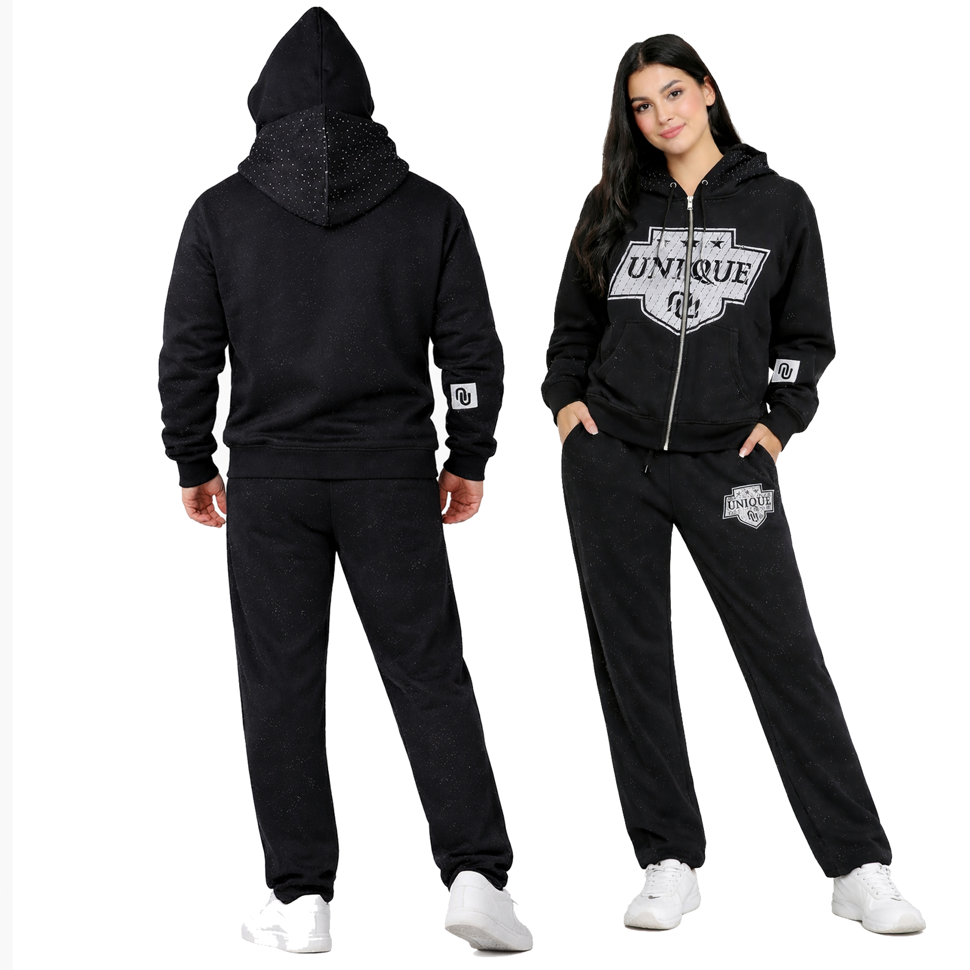Black Unisex Drop Shoulder Double Hooded Tracksuit Sweatsuit Premium Rhinestone Fleece