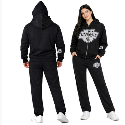 Black Unisex Drop Shoulder Double Hooded Tracksuit Sweatsuit Premium Rhinestone Fleece