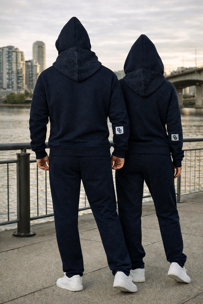 Navy Blue Unisex Drop Shoulder Double Hooded Tracksuit Sweatsuit Premium Rhinestone Fleece